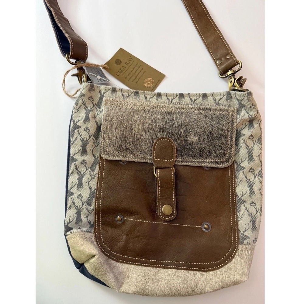 Clea‎ Ray Hair On Hide Crossbody Bag Deer Canvas Brown Leather Western NWT
